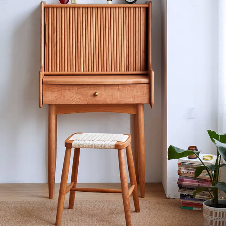 Elegant Cherry Wood Makeup Vanity with Copper Accents & Glass Top hykmq-752