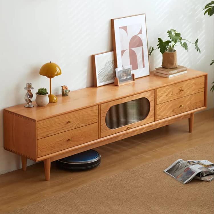 Cherry Wood TV Cabinet with Copper Hardware and Glass Doors hykmq-757