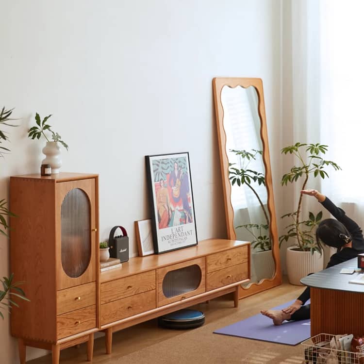 Cherry Wood TV Cabinet with Copper Hardware and Glass Doors hykmq-757