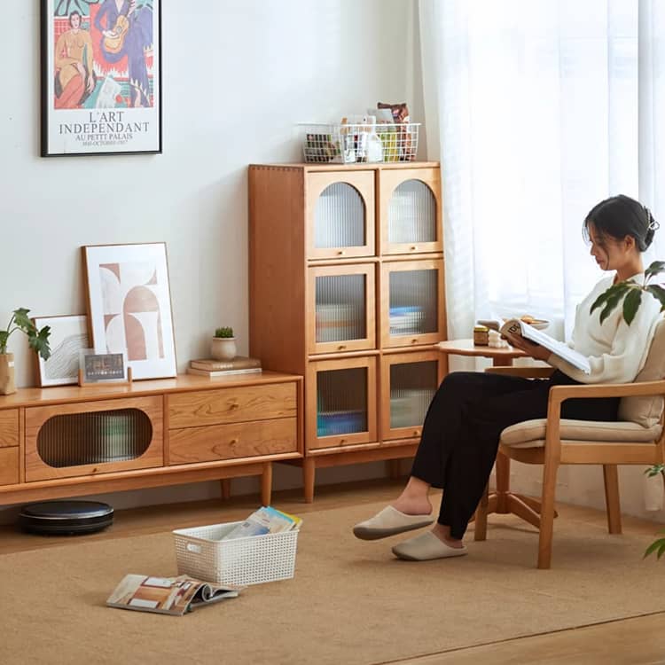 Cherry Wood TV Cabinet with Copper Hardware and Glass Doors hykmq-757