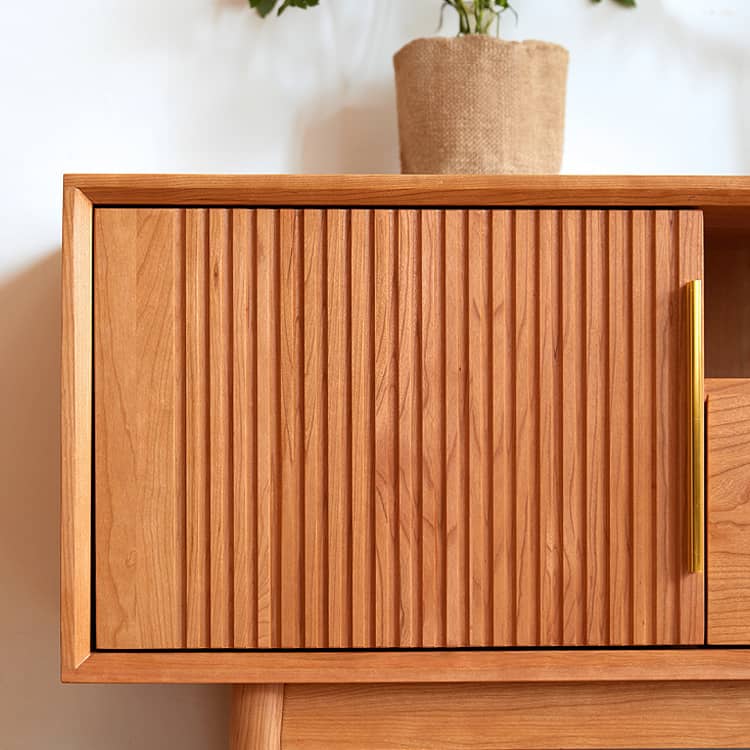 Elegant TV Cabinet in Natural Wood, Gold & Black Cherry with Aluminum Accents hykmq-758