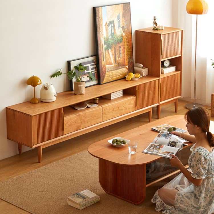 Elegant TV Cabinet in Natural Wood, Gold & Black Cherry with Aluminum Accents hykmq-758