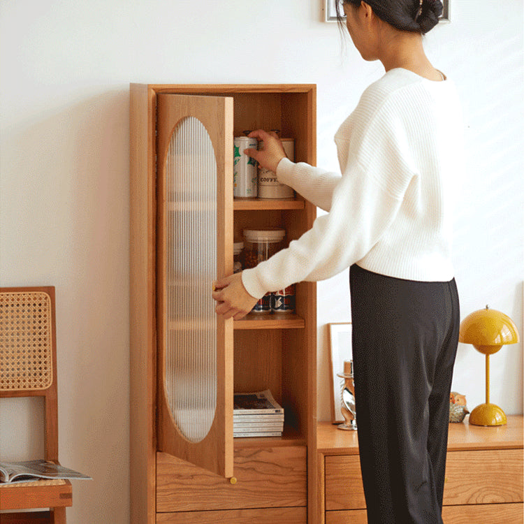 Elegant Cherry Wood & Glass Cabinet with Copper Accents - Plywood Shelving hykmq-766