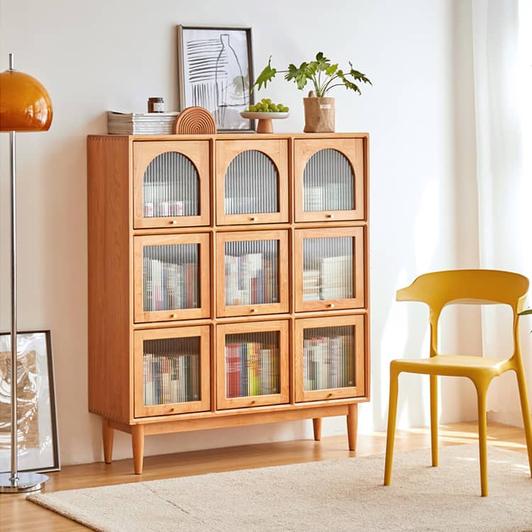 Elegant Cherry Wood Cabinet with Glass Doors and Copper Accents - Natural Finish hykmq-768