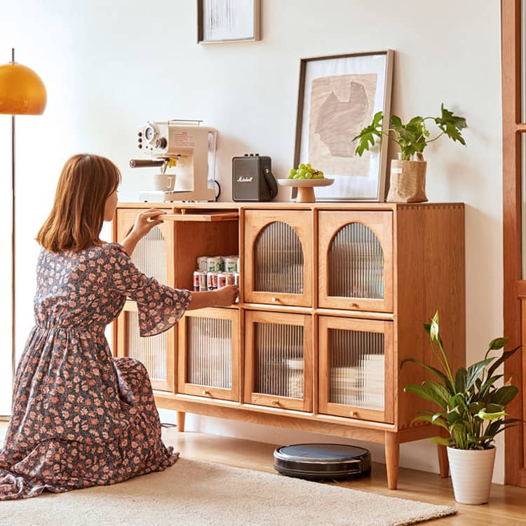 Elegant Cherry Wood Cabinet with Glass Doors and Copper Accents - Natural Finish hykmq-768