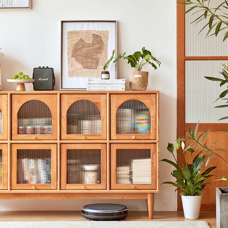 Elegant Cherry Wood Cabinet with Glass Doors and Copper Accents - Natural Finish hykmq-768