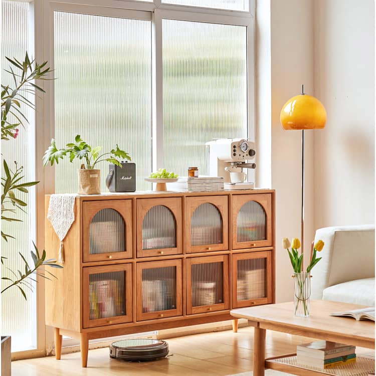 Elegant Cherry Wood Cabinet with Glass Doors and Copper Accents - Natural Finish hykmq-768