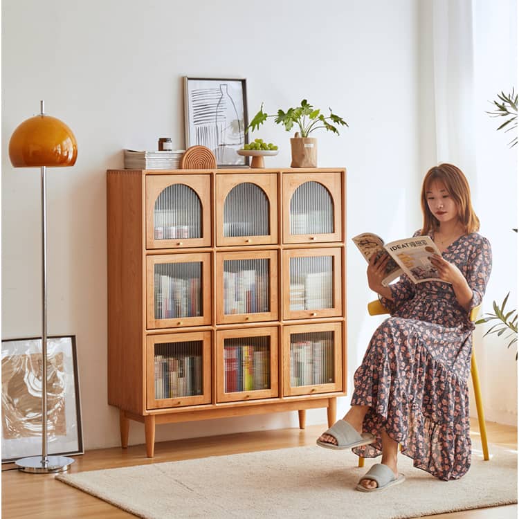 Elegant Cherry Wood Cabinet with Glass Doors and Copper Accents - Natural Finish hykmq-768