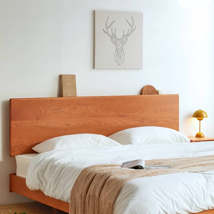 Modern Queen Size Cherry Wood Bed Frame - Natural Wood Finish California King Size Bed for Bedroom hykmq-773