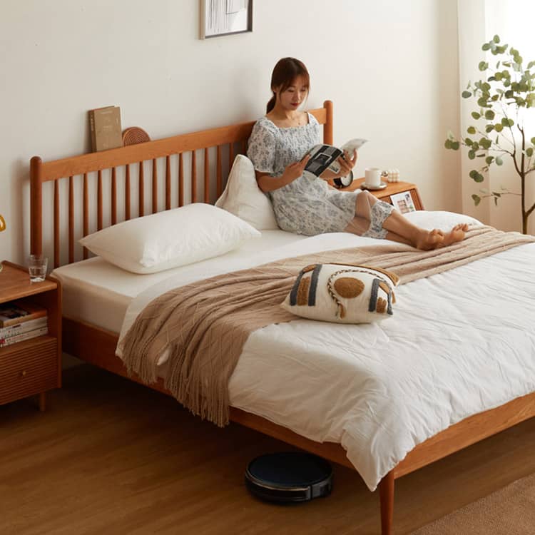 Minimalistic Cal King Cherry Wood Bed Frame - Perfect Design for Your Bedroom hykmq-776