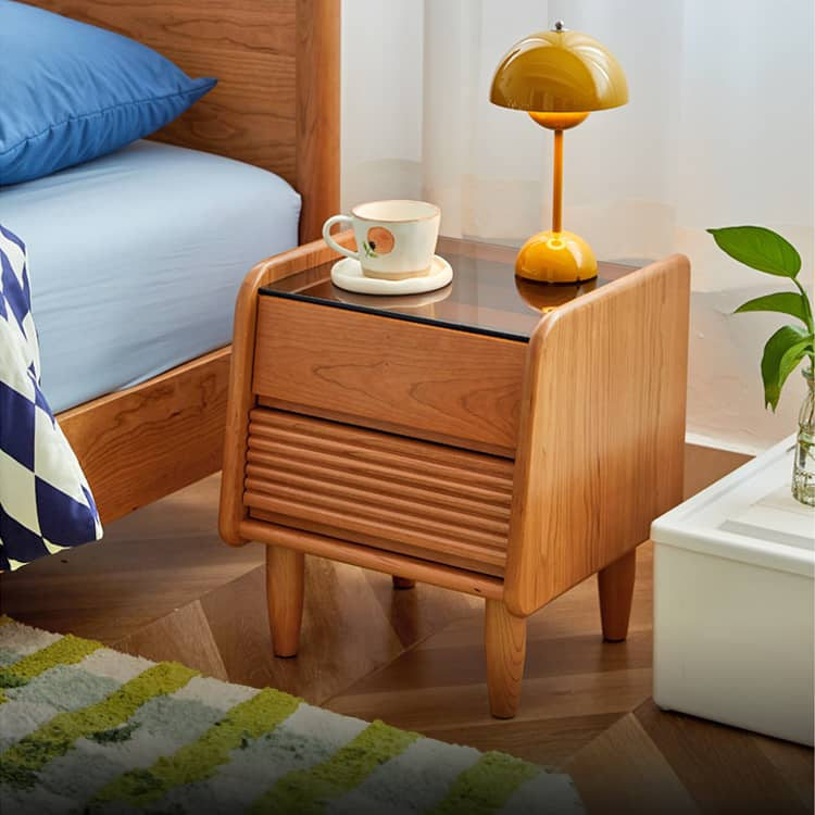 Stylish Nightstand in Red Oak and Cherry Wood with Glass Accents hykmq-794