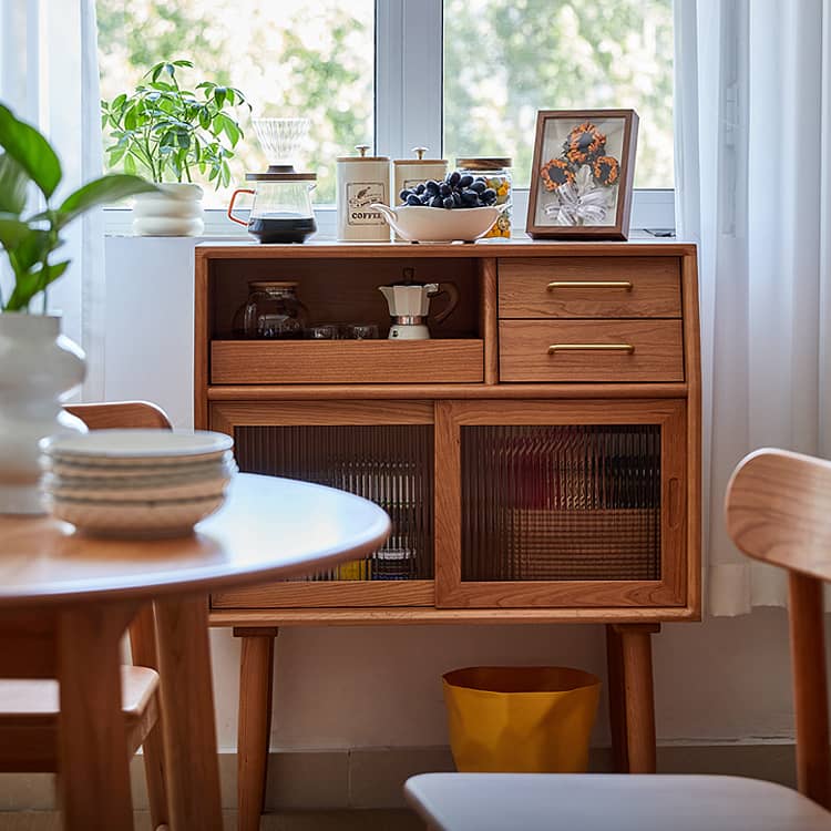 Stunning Cherry Wood Cabinet with Glass Doors and Copper Accents - Premium Plywood Construction hykmq-795