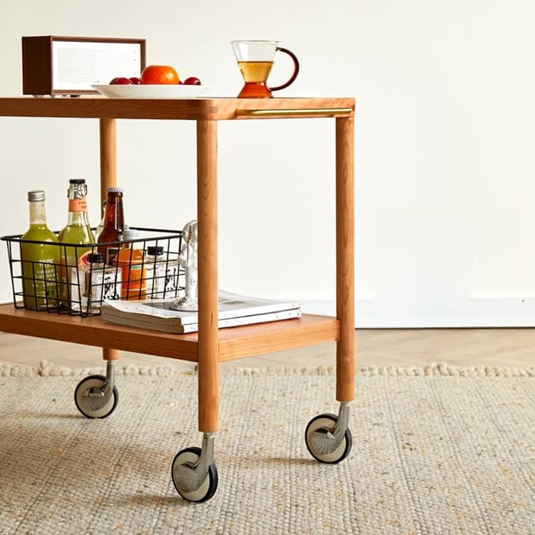 Elegant Multi-Material Rolling Cart: Natural Cherry Wood, Glass, and Metal Finish hykmq-797