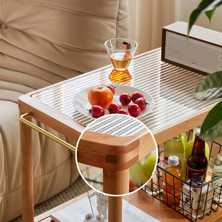 Elegant Multi-Material Rolling Cart: Natural Cherry Wood, Glass, and Metal Finish hykmq-797