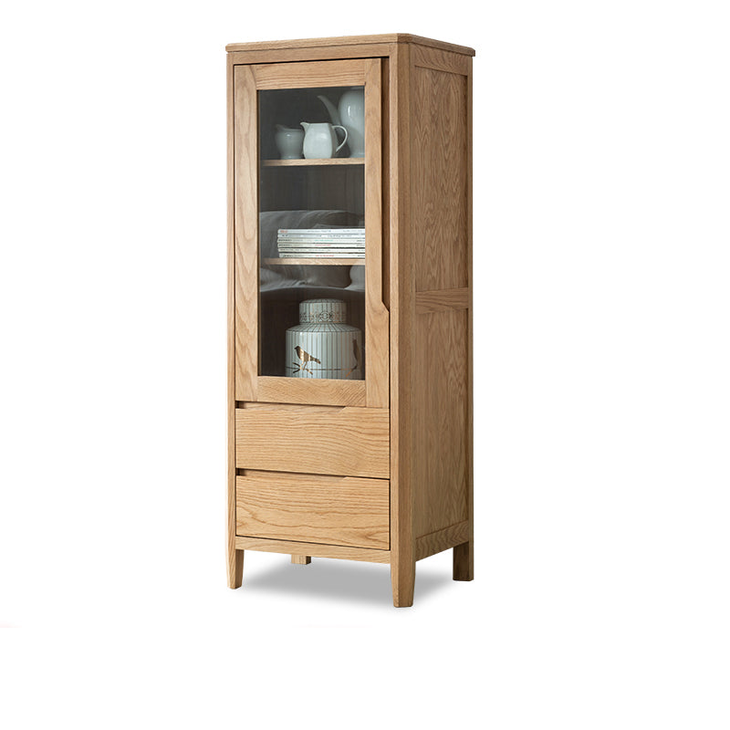 Stunning Natural Oak Wood Cabinet with Tempered Glass Doors - Elegant Brown Finish hym-1537