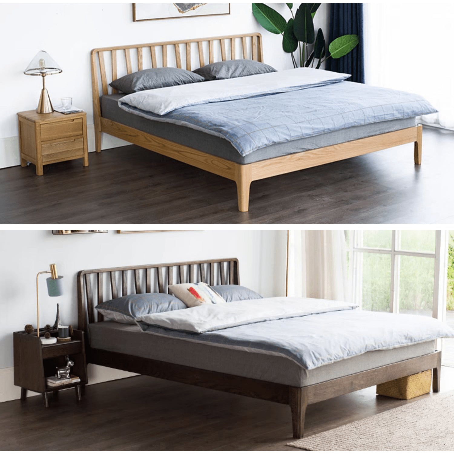 Elegant Bed Frame in Luxurious Brown Natural Beech and Pine Wood Finish hym-470