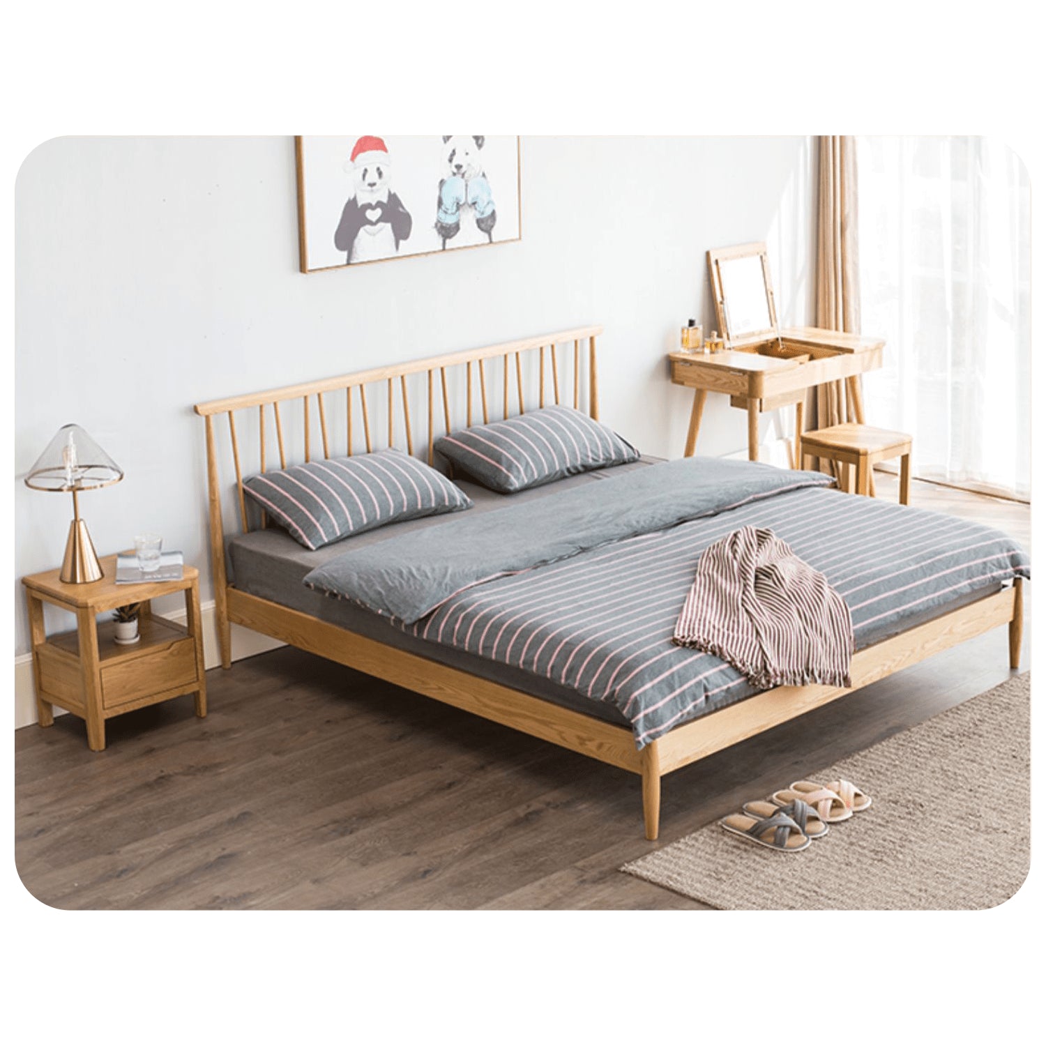 Stylish Brown Oak and Pine Natural Wood Bed for a Timeless Bedroom Look hym-474