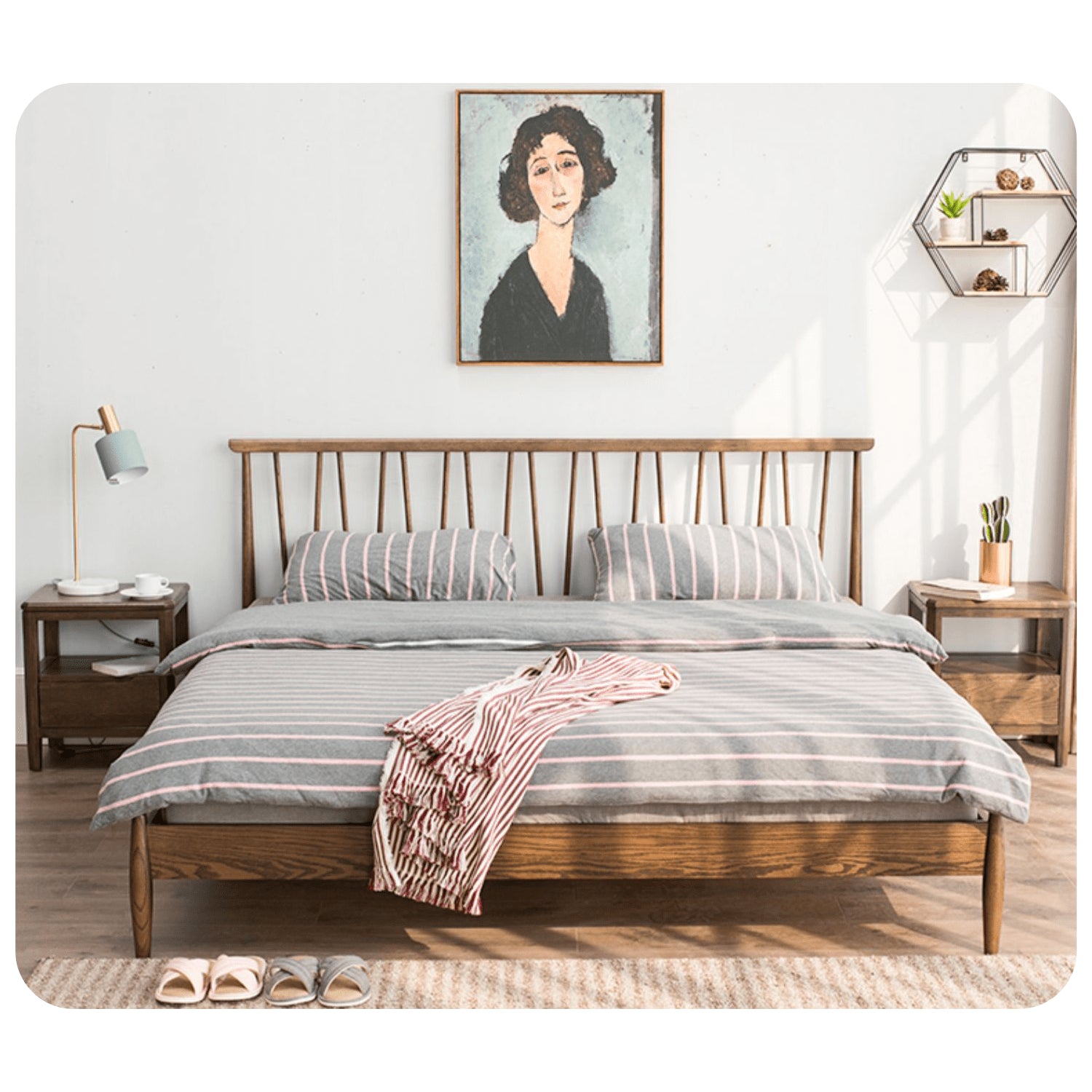 Stylish Brown Oak and Pine Natural Wood Bed for a Timeless Bedroom Look hym-474