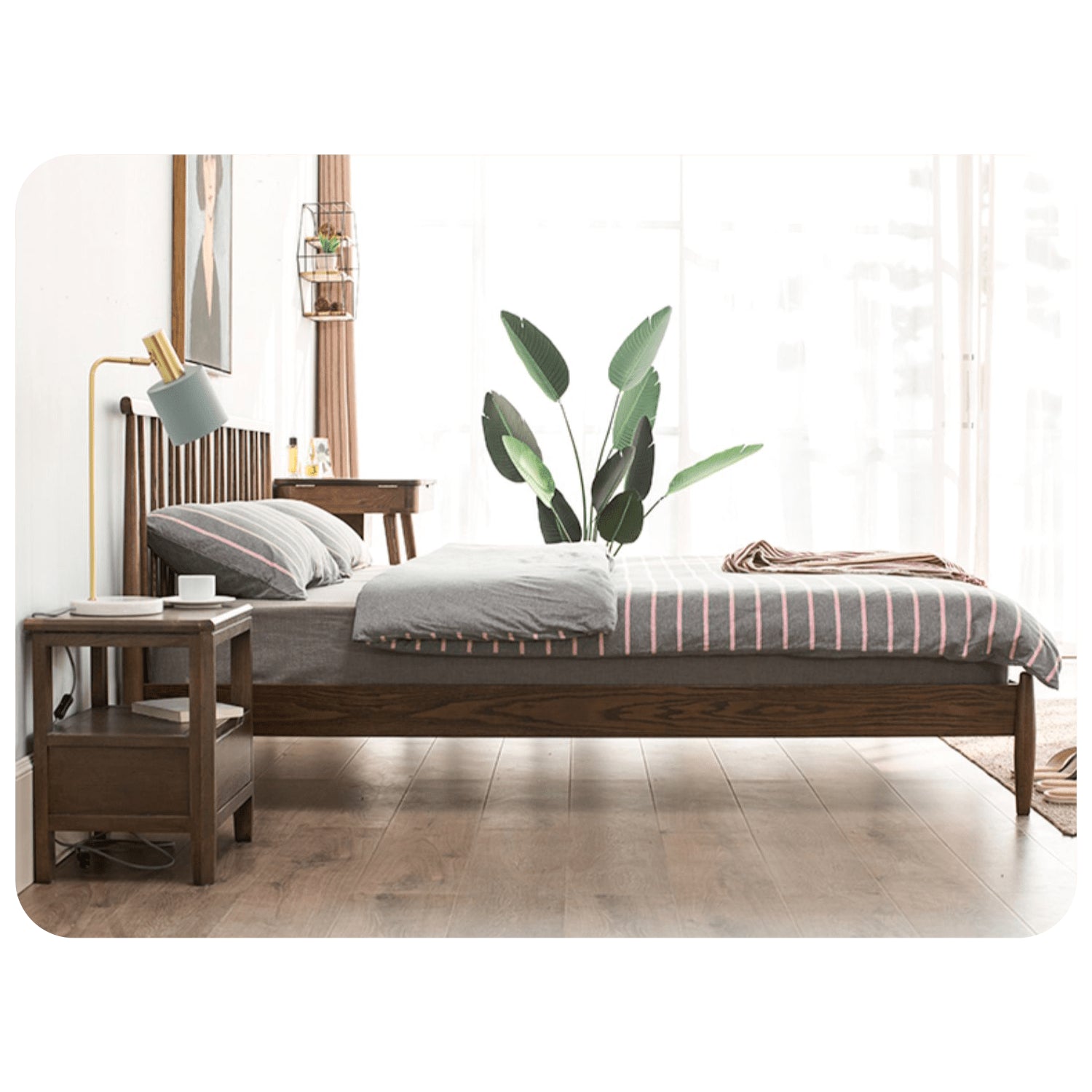 Stylish Brown Oak and Pine Natural Wood Bed for a Timeless Bedroom Look hym-474