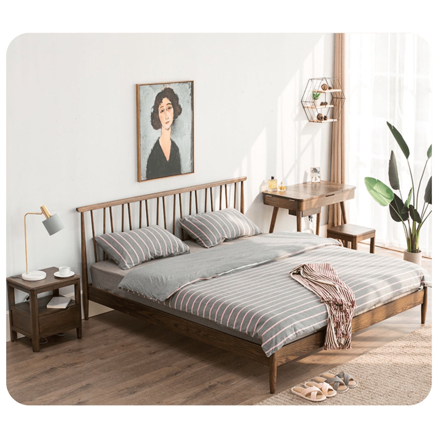 Stylish Brown Oak and Pine Natural Wood Bed for a Timeless Bedroom Look hym-474