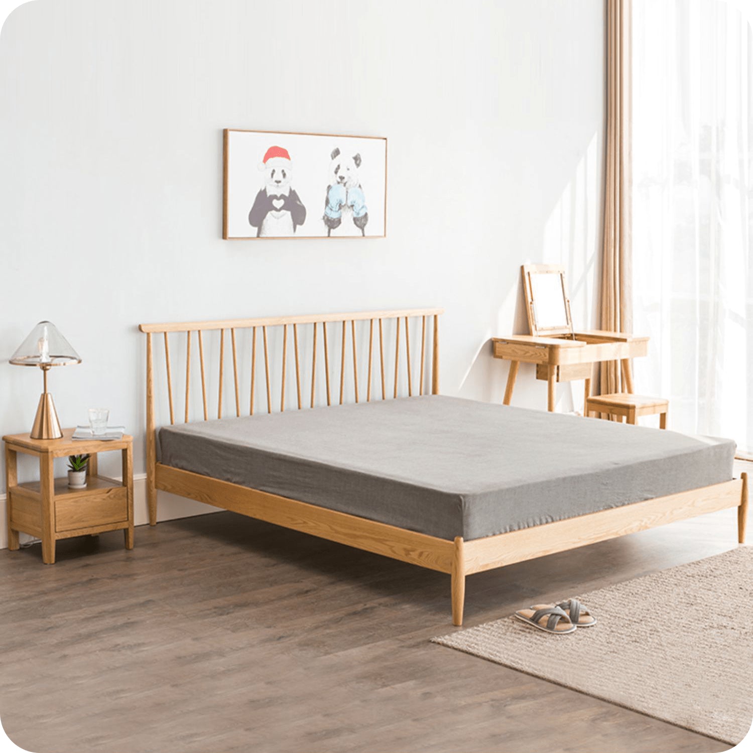 Stylish Brown Oak and Pine Natural Wood Bed for a Timeless Bedroom Look hym-474