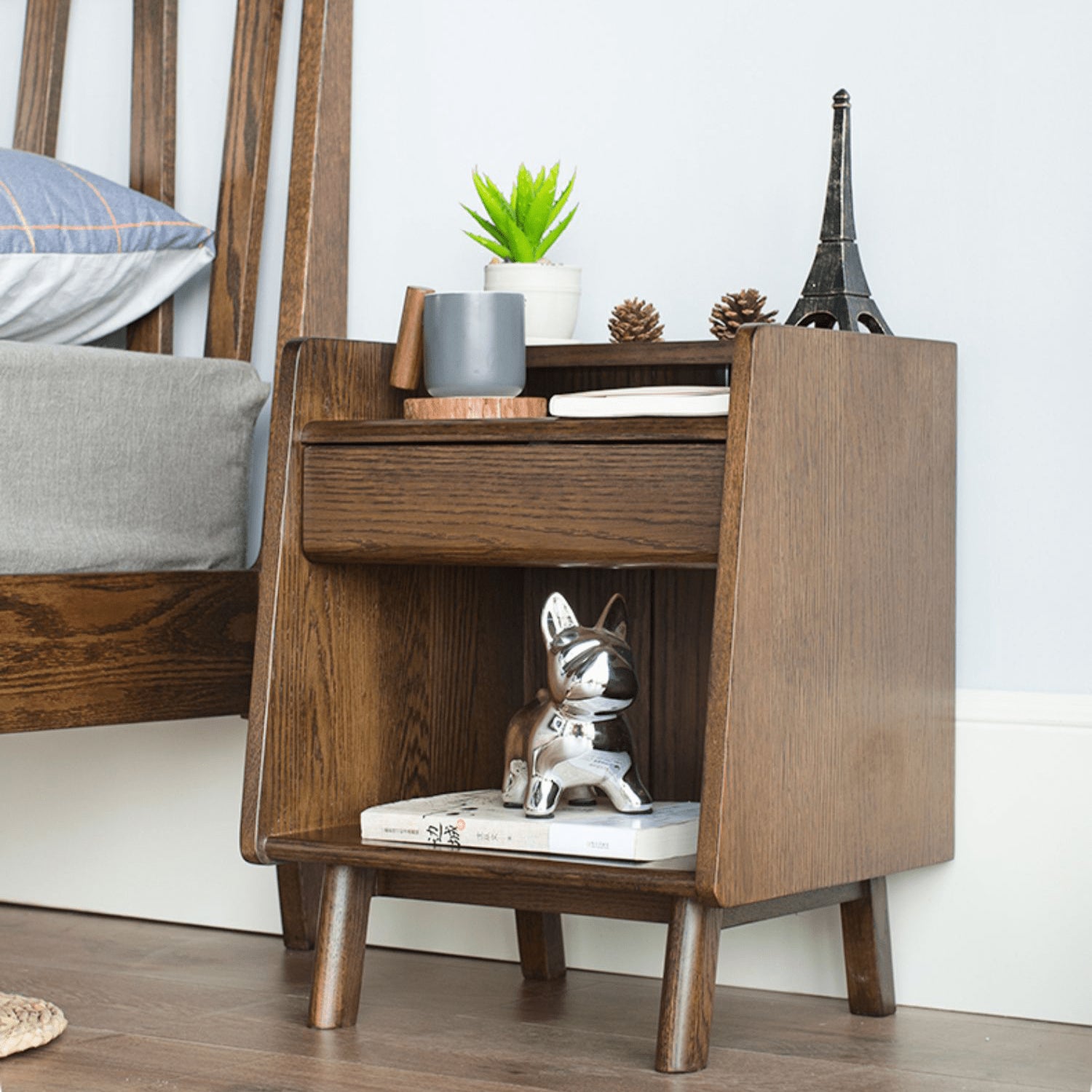 Natural Brown Oak Wood Nightstand – Premium Tung Wood Finish hym-475