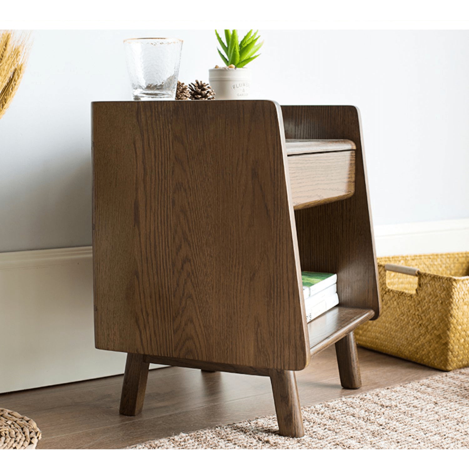 Natural Brown Oak Wood Nightstand – Premium Tung Wood Finish hym-475