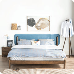 Stylish Natural Wood Bed Frame in Gray, Blue, or Brown - Oak and Pine with Cotton-Ramie Fabric Options hym-477