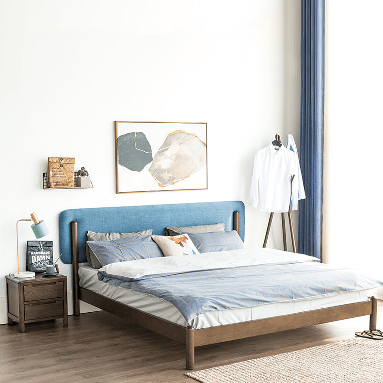 Stylish Natural Wood Bed Frame in Gray, Blue, or Brown - Oak and Pine with Cotton-Ramie Fabric Options hym-477