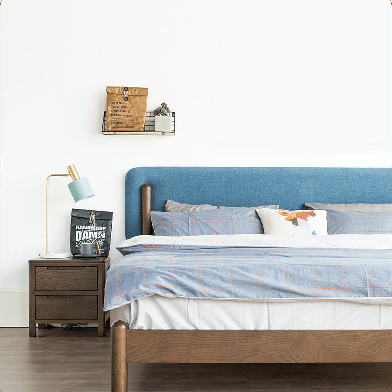 Stylish Natural Wood Bed Frame in Gray, Blue, or Brown - Oak and Pine with Cotton-Ramie Fabric Options hym-477