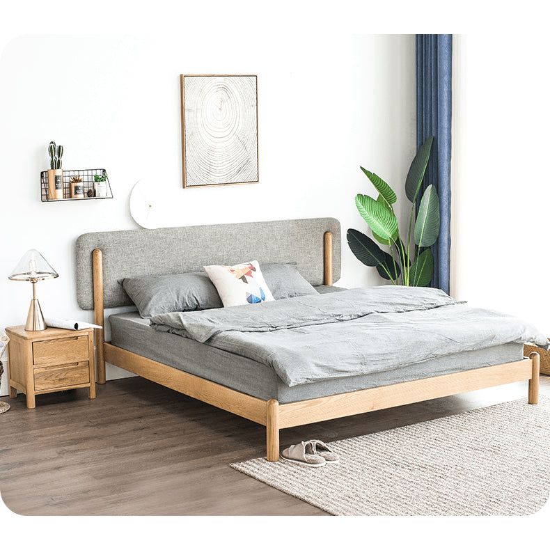 Stylish Natural Wood Bed Frame in Gray, Blue, or Brown - Oak and Pine with Cotton-Ramie Fabric Options hym-477