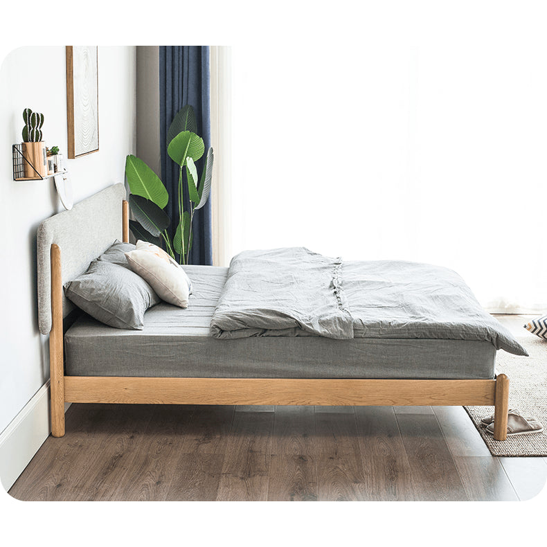 Stylish Natural Wood Bed Frame in Gray, Blue, or Brown - Oak and Pine with Cotton-Ramie Fabric Options hym-477