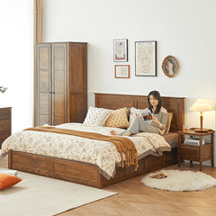 Luxurious Oak Wood Bed in Brown Queen Size with Storage California King Size Design for Your Room hym-479