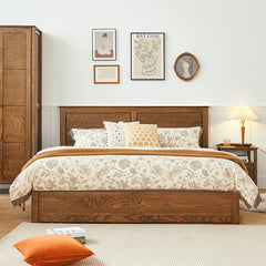 Luxurious Oak Wood Bed in Brown Queen Size with Storage California King Size Design for Your Room hym-479