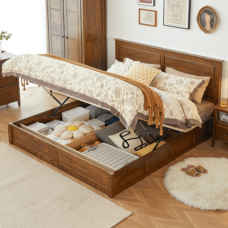 Luxurious Oak Wood Bed in Brown Queen Size with Storage California King Size Design for Your Room hym-479