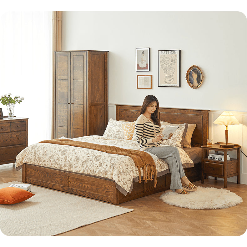 Luxurious Oak Wood Bed in Brown Queen Size with Storage California King Size Design for Your Room hym-479