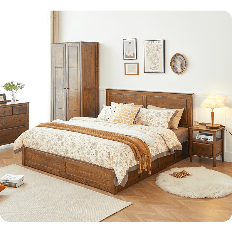 Luxurious Oak Wood Bed in Brown Queen Size with Storage California King Size Design for Your Room hym-479