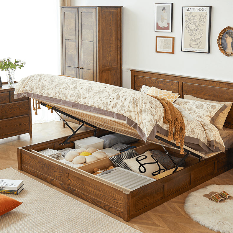 Luxurious Oak Wood Bed in Brown Queen Size with Storage California King Size Design for Your Room hym-479