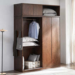 Sleek Brown Oak Wardrobe with Durable Tung Wood and Metal Accents hym-481