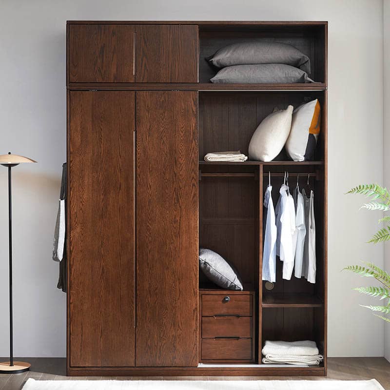 Sleek Brown Oak Wardrobe with Durable Tung Wood and Metal Accents hym-481