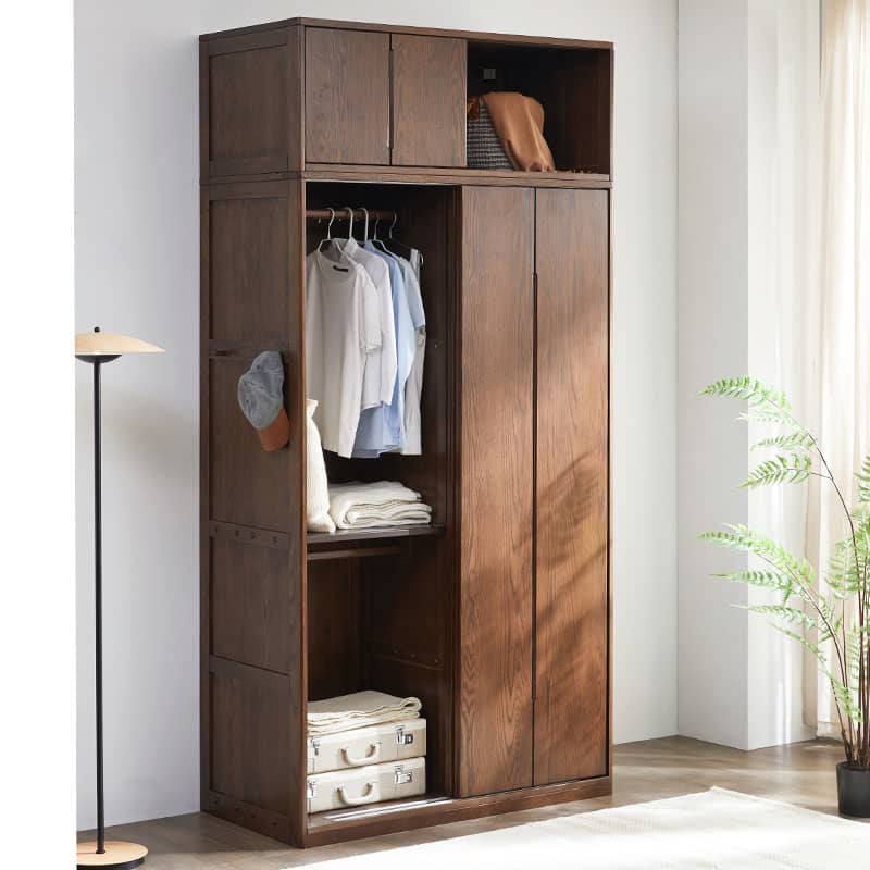 Sleek Brown Oak Wardrobe with Durable Tung Wood and Metal Accents hym-481