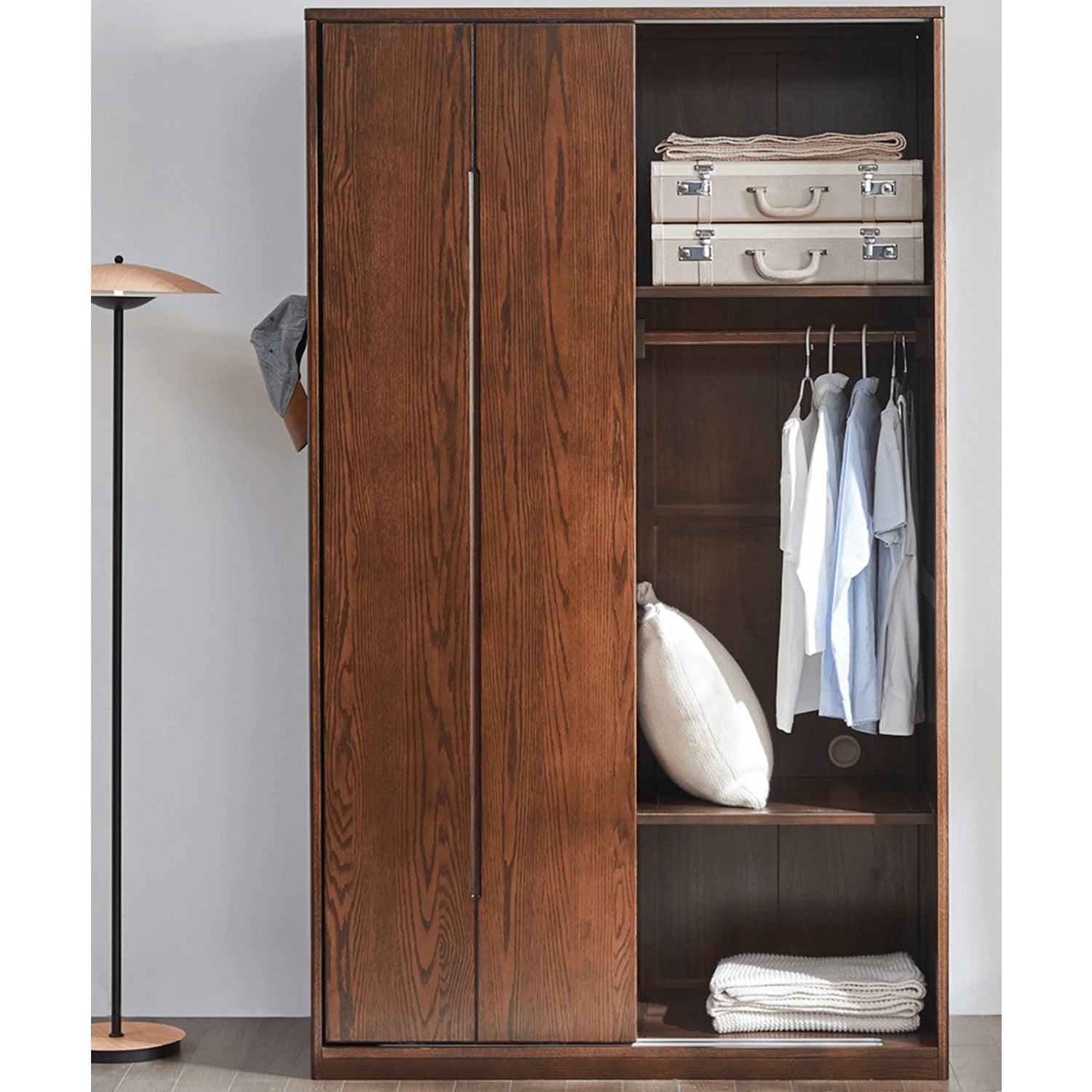 Sleek Brown Oak Wardrobe with Durable Tung Wood and Metal Accents hym-481