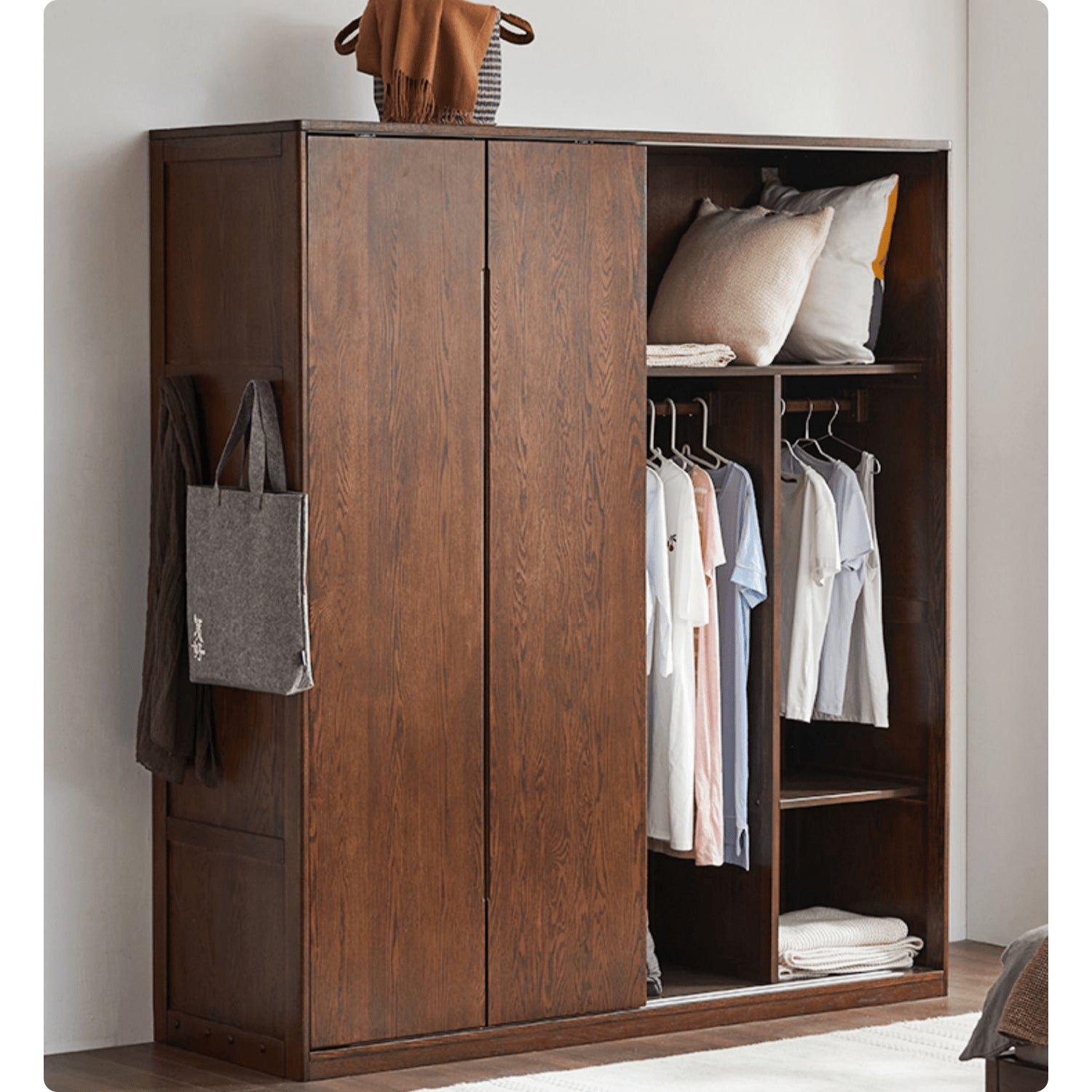 Sleek Brown Oak Wardrobe with Durable Tung Wood and Metal Accents hym-481