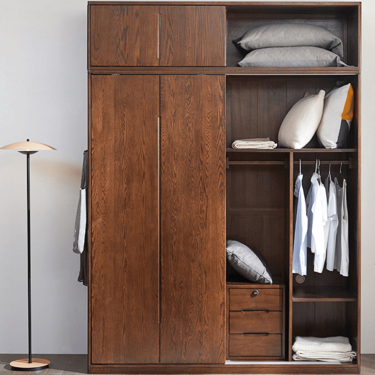 Sleek Brown Oak Wardrobe with Durable Tung Wood and Metal Accents hym-481