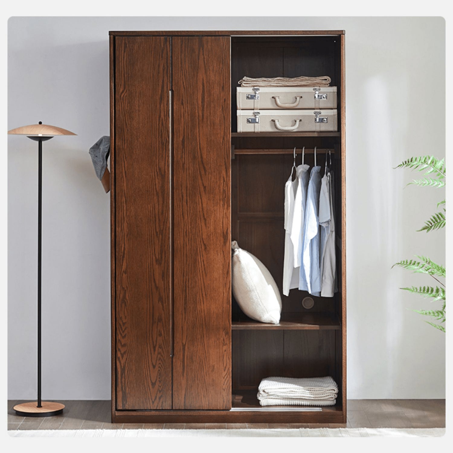 Sleek Brown Oak Wardrobe with Durable Tung Wood and Metal Accents hym-481