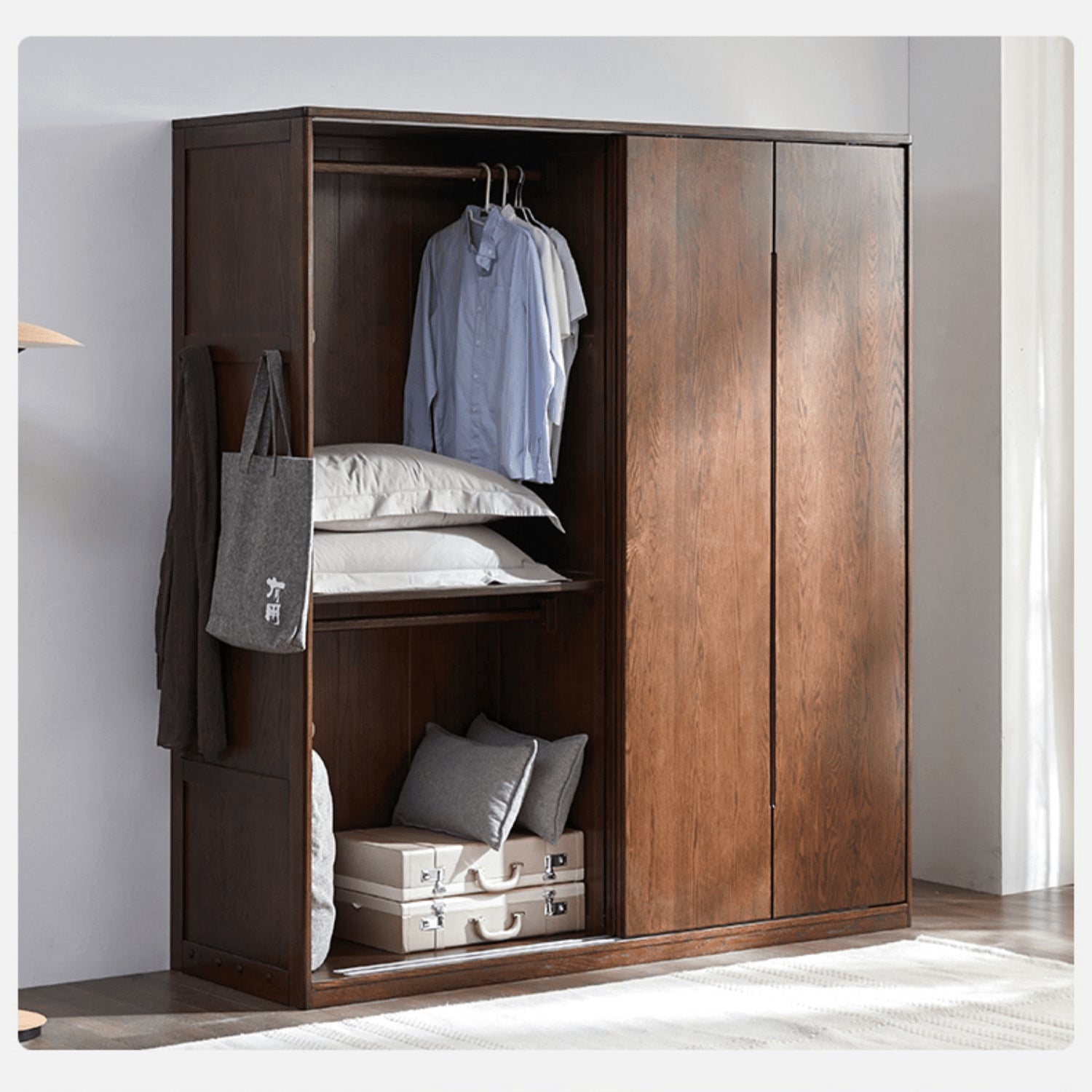 Sleek Brown Oak Wardrobe with Durable Tung Wood and Metal Accents hym-481