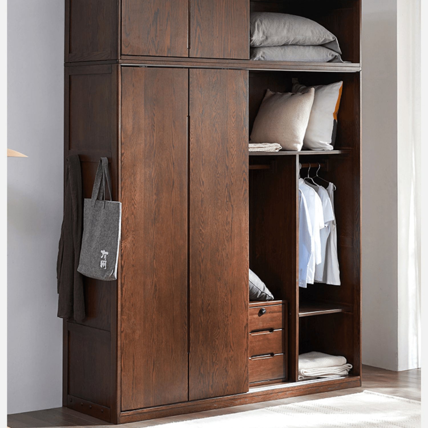 Sleek Brown Oak Wardrobe with Durable Tung Wood and Metal Accents hym-481