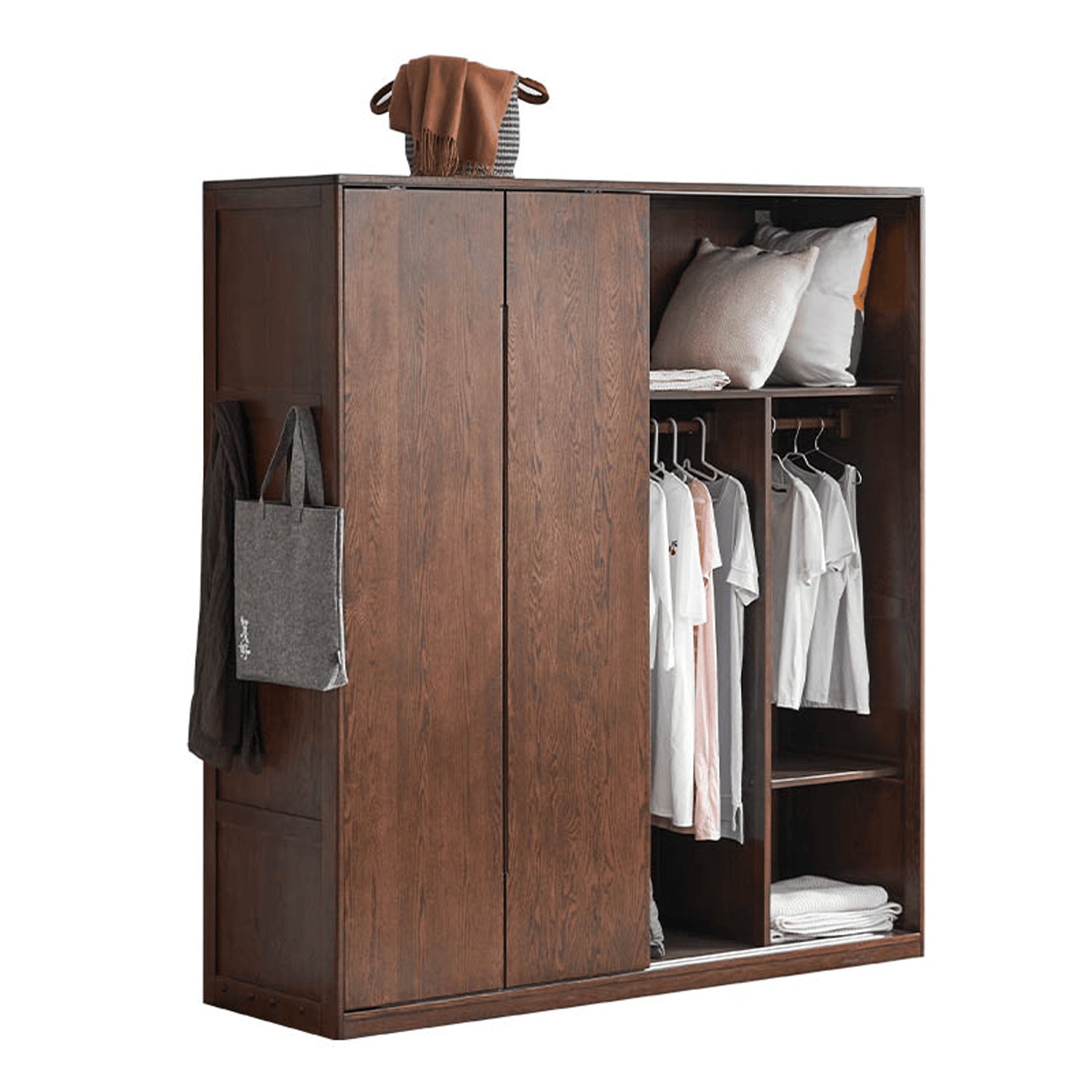 Sleek Brown Oak Wardrobe with Durable Tung Wood and Metal Accents hym-481