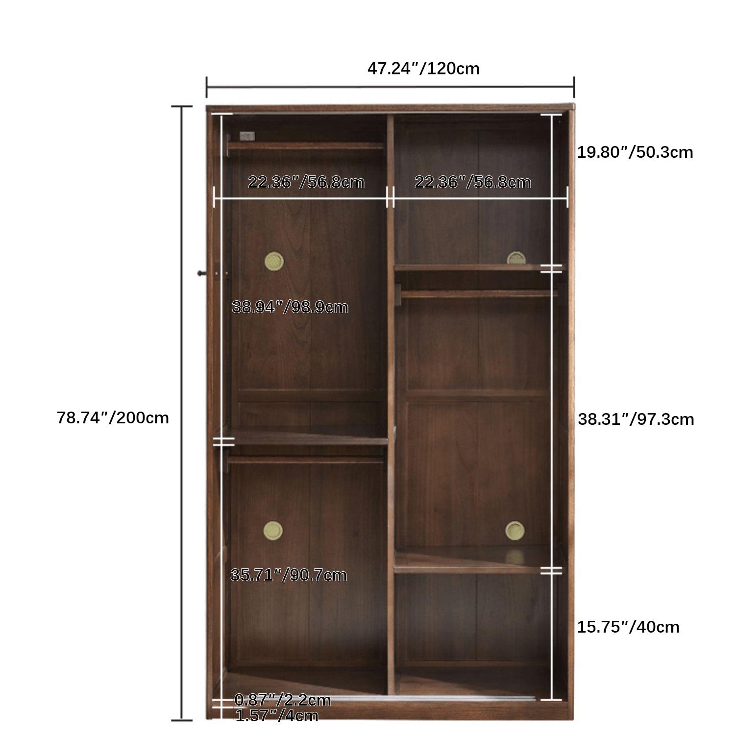 Sleek Brown Oak Wardrobe with Durable Tung Wood and Metal Accents hym-481