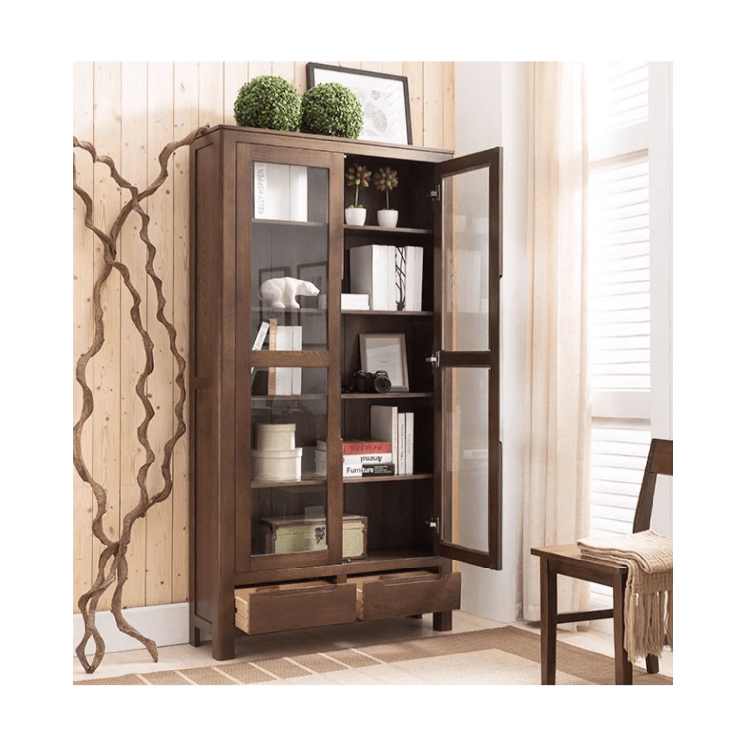 Stunning Brown Oak and Tung Wood Cabinet with Stylish Metal Accents hym-483